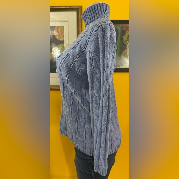 Land’s End Women's Blue Cable Knit Turtleneck Sweater - Picture 3 of 11